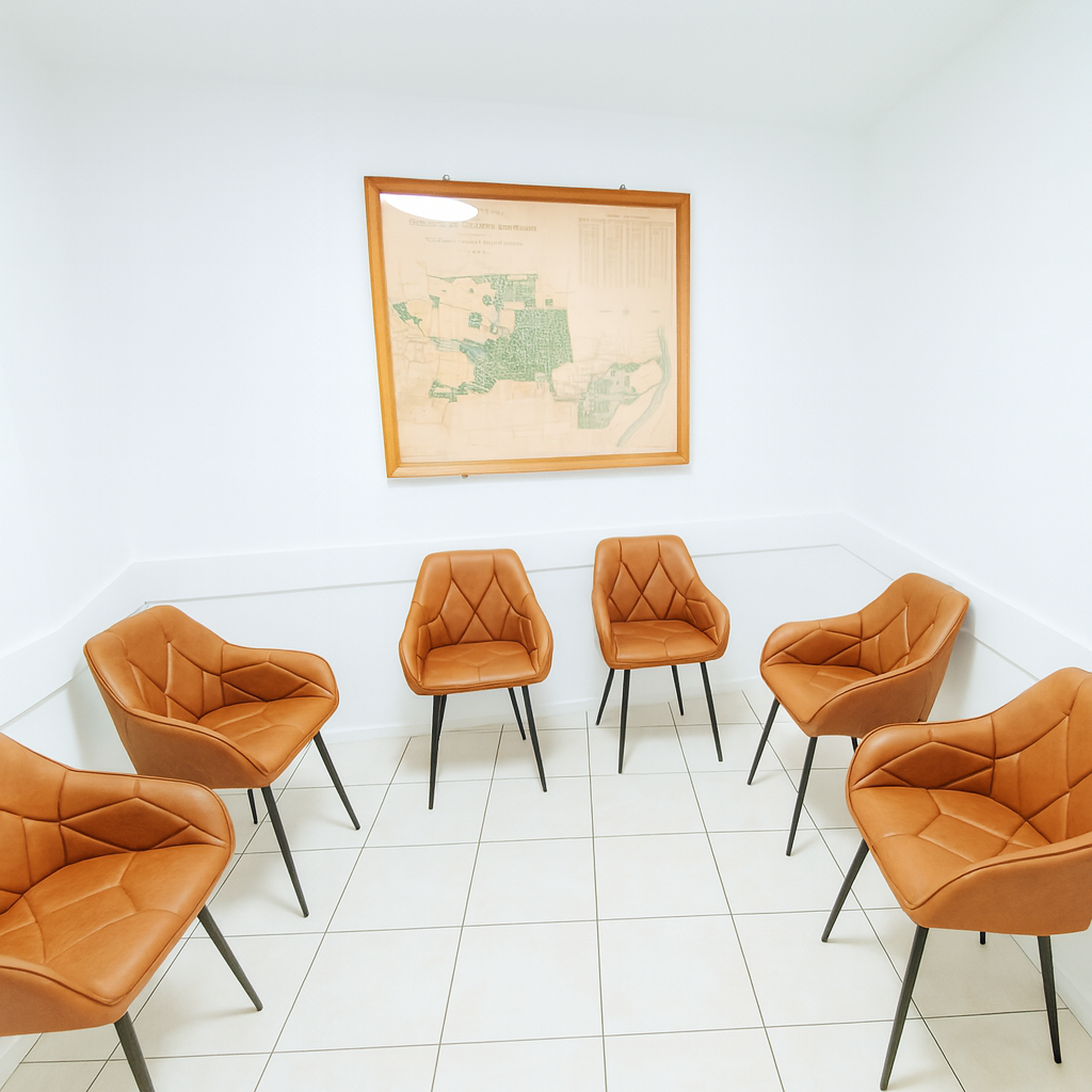 Salle d'attente avec fauteuils en cuir orange